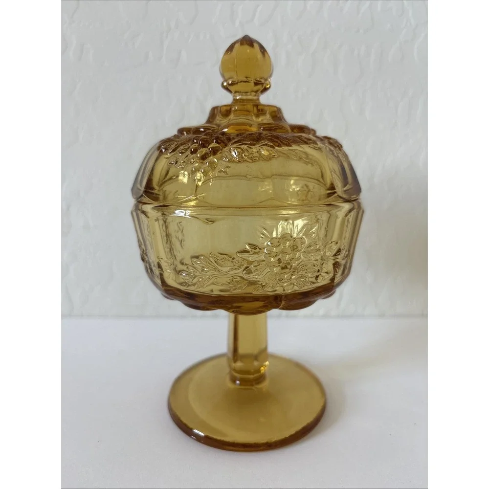 Vintage Amber Glass Candy Dish With Lid Pedestal
